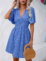 Printed V-Neck Half Sleeve Mini Dress - Trendsi - Flyclothing LLC