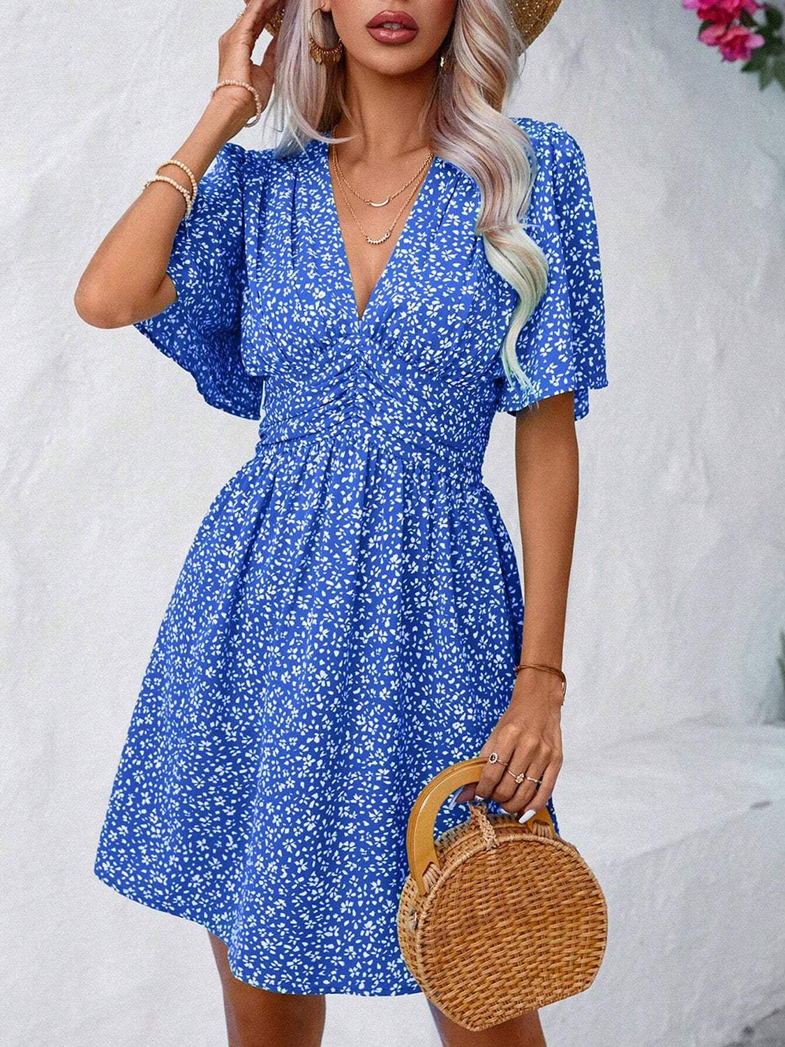 Printed V-Neck Half Sleeve Mini Dress - Trendsi - Flyclothing LLC