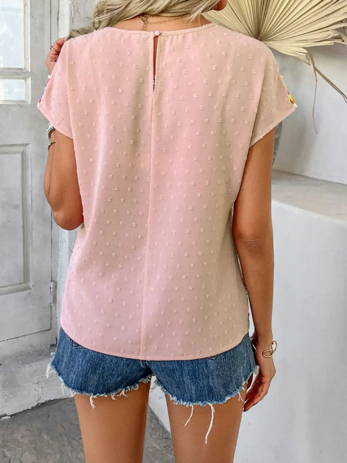 Devine Swiss Dot Round Neck Crochet Short Sleeve Top - Trendsi - Flyclothing LLC