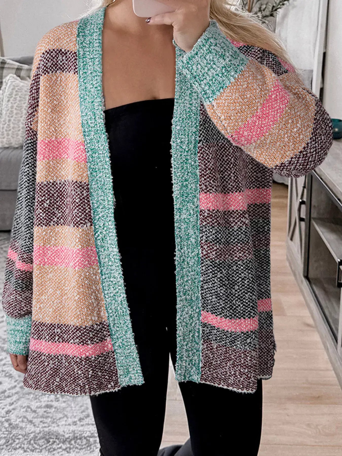 Color Block Striped Side Slit Open Front Cardigan - Trendsi - Flyclothing LLC