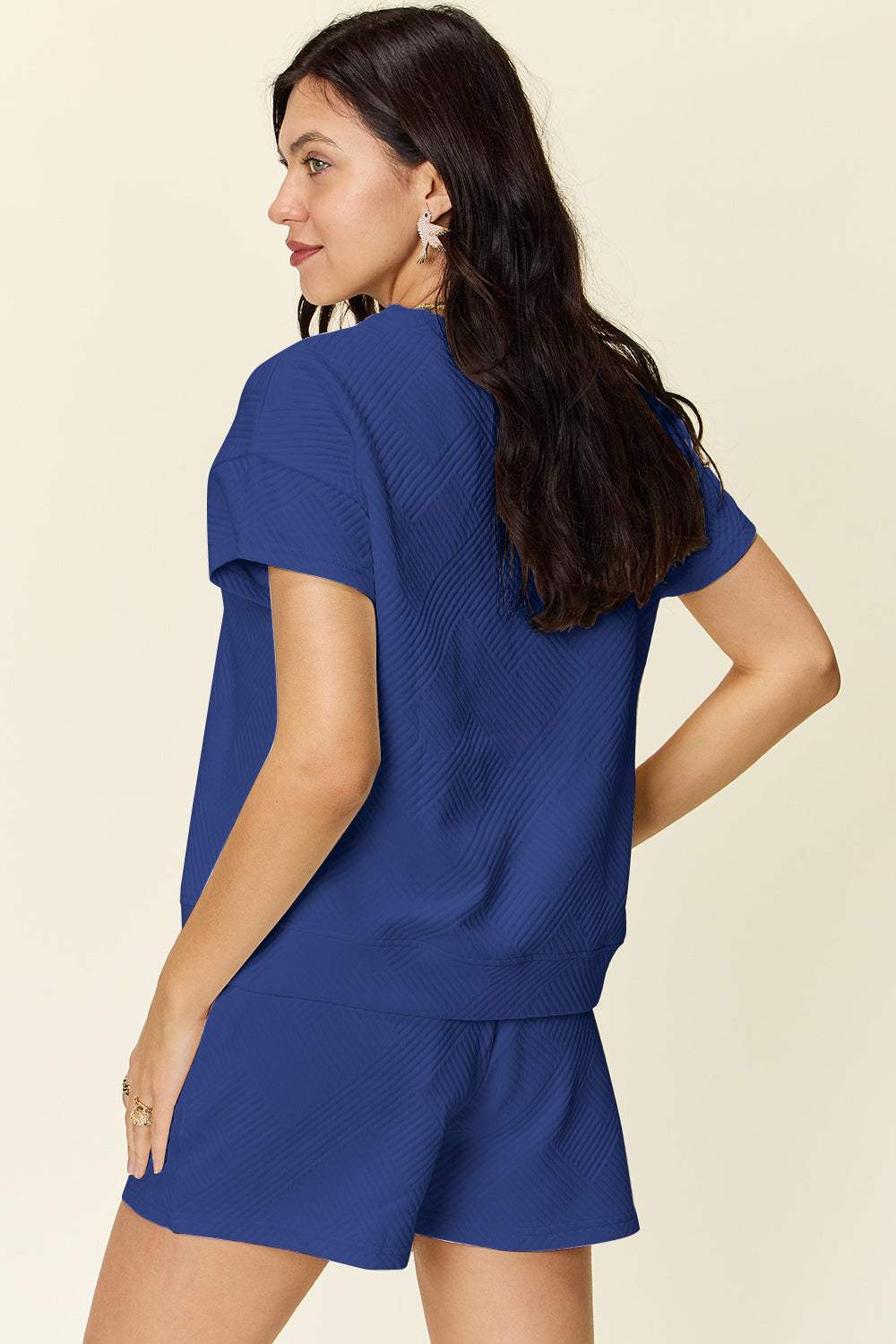 Double Take Full Size Texture Short Sleeve T-Shirt and Drawstring Shorts Set - Trendsi - Flyclothing LLC