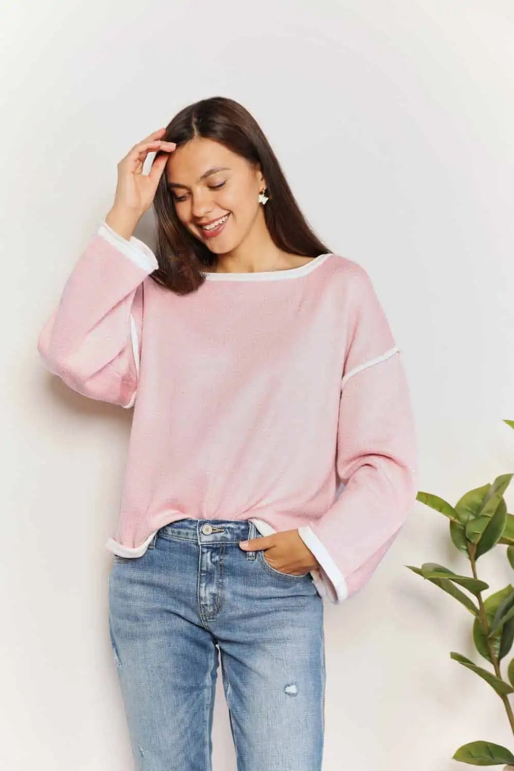 Angel Wings Contrast Detail Dropped Shoulder Knit Top - Trendsi