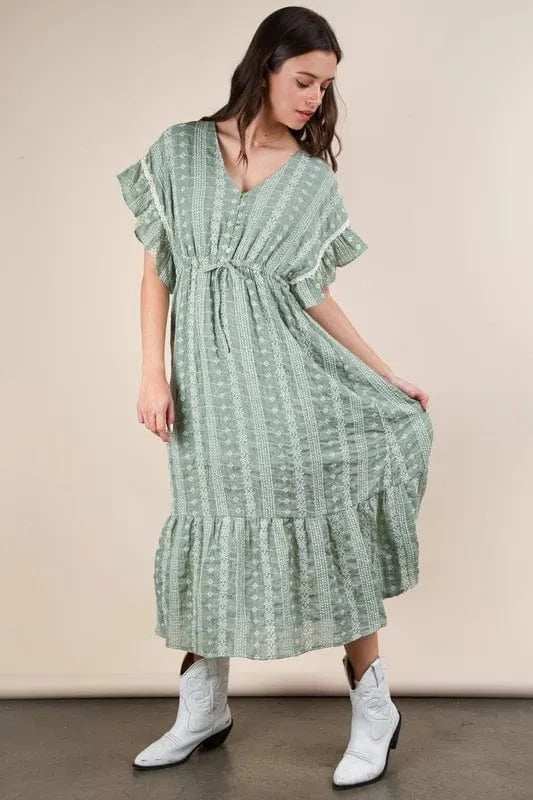 VERY J Embroidered Boho Ruffled Midi Dress - Trendsi - Flyclothing LLC