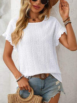 Mandy Eyelet Round Neck Short Sleeve Top - Trendsi - Flyclothing LLC
