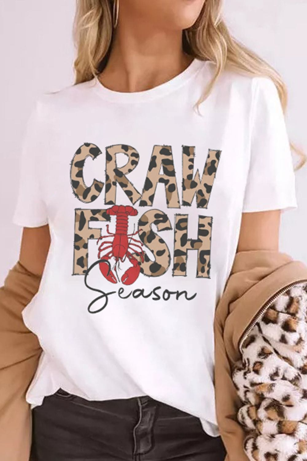 CRAWFISH SEASON Leopard Round Neck Short Sleeve T-Shirt - Trendsi