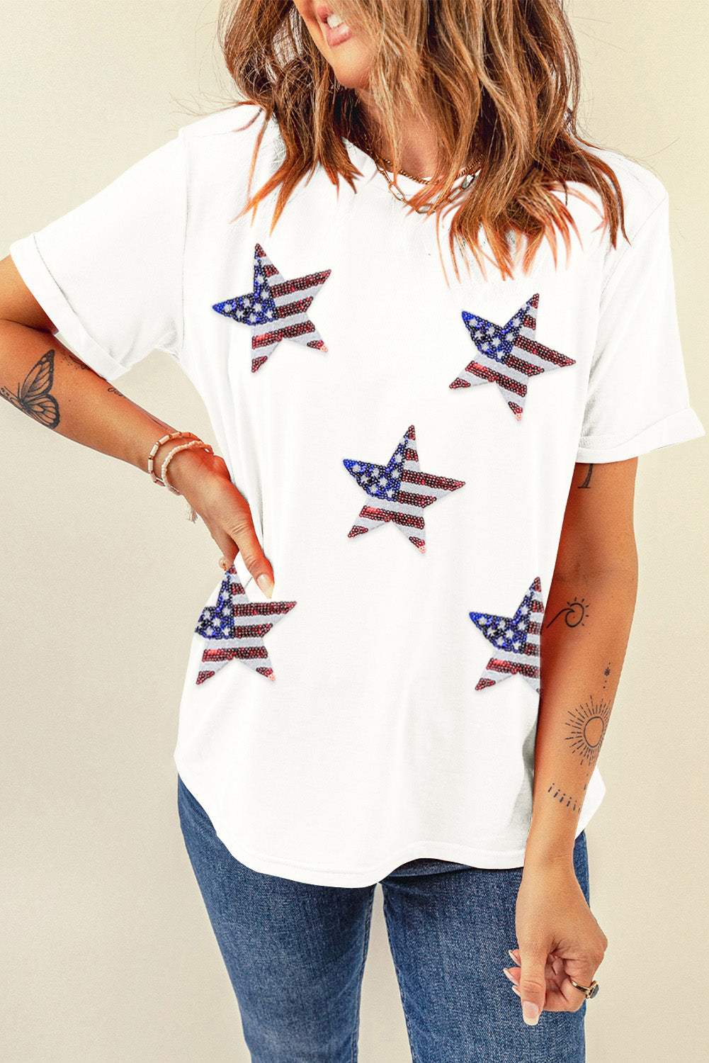 Sequin Star Round Neck Short Sleeve T-Shirt - Trendsi - Flyclothing LLC