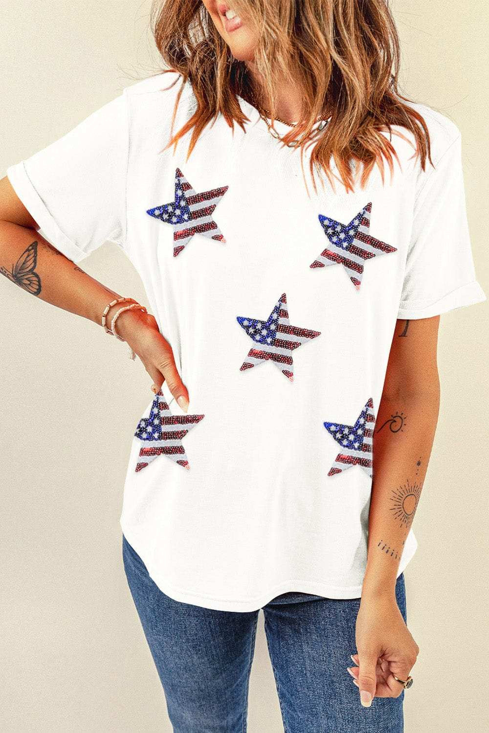 Sequin Star Round Neck Short Sleeve T-Shirt - Trendsi - Flyclothing LLC