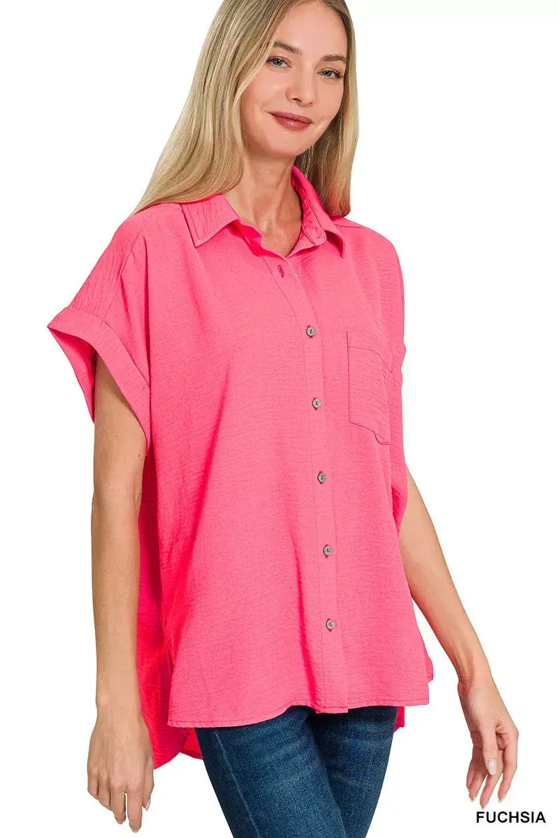 Zenana Woven Airflow Button Down Shirt - Trendsi - Flyclothing LLC