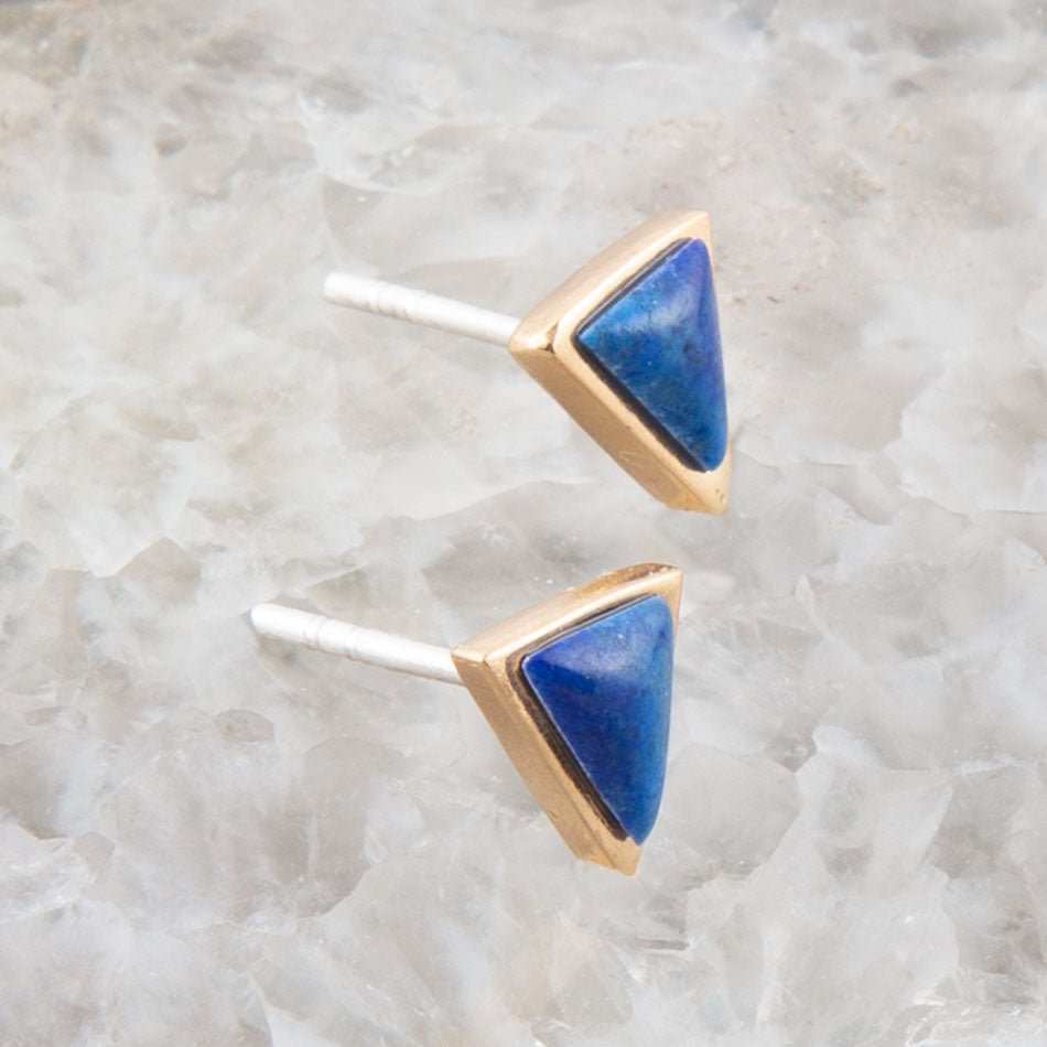 Dainty Blue Lapis Golden Triangle Stud - Barse Jewelry - Flyclothing LLC