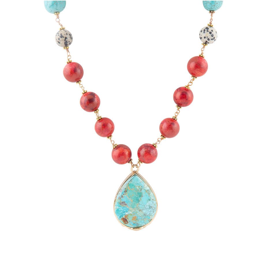 Blue and Red Turquoise Teardrop Golden Necklace - Barse Jewelry