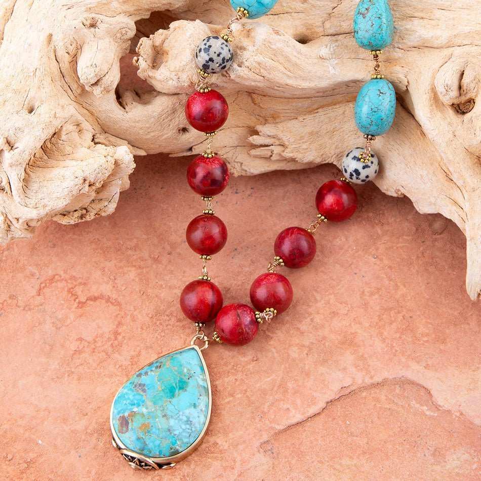 Blue and Red Turquoise Teardrop Golden Necklace - Barse Jewelry - Flyclothing LLC