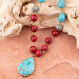 Blue and Red Turquoise Teardrop Golden Necklace - Barse Jewelry