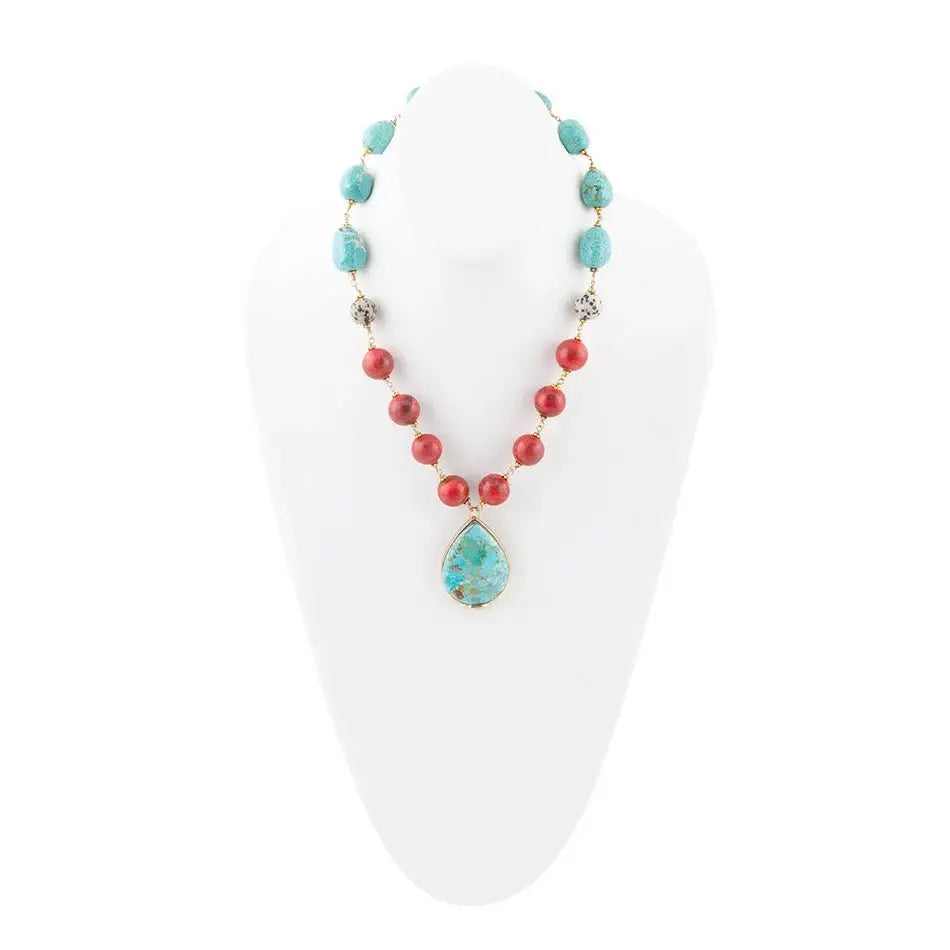 Blue and Red Turquoise Teardrop Golden Necklace - Barse Jewelry - Flyclothing LLC