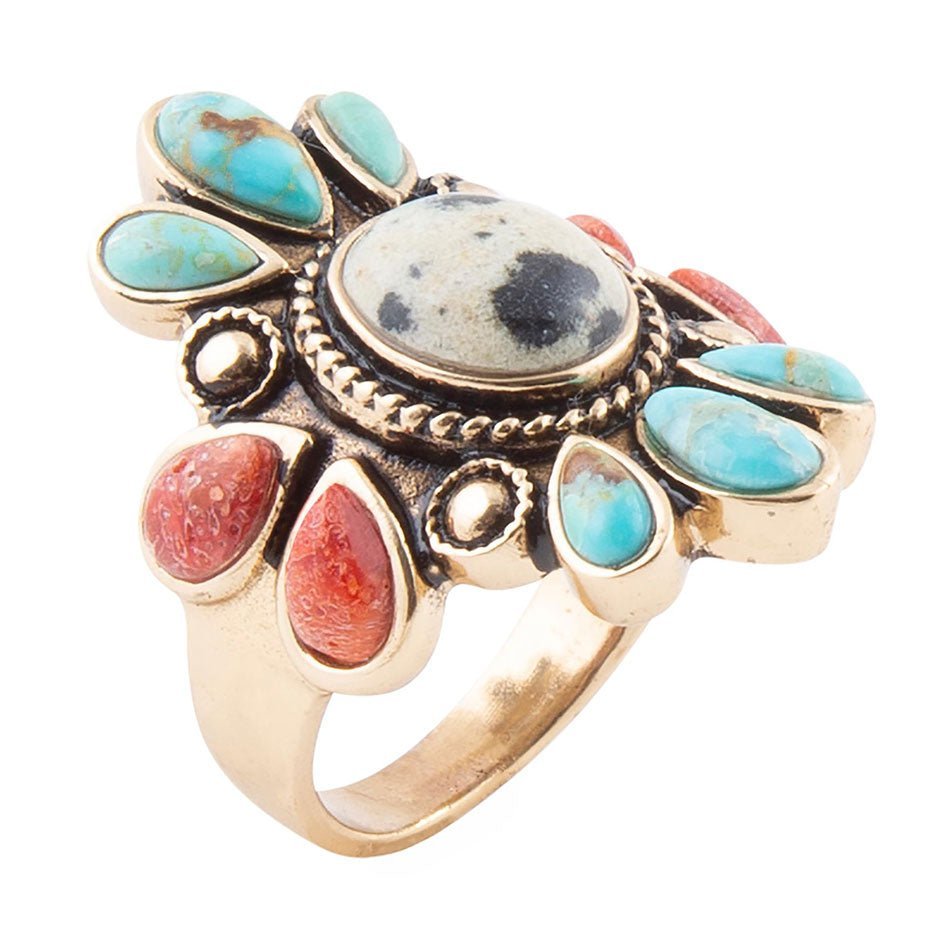 Dalmatian Jasper Multi Color Stone Golden Ring - Barse Jewelry