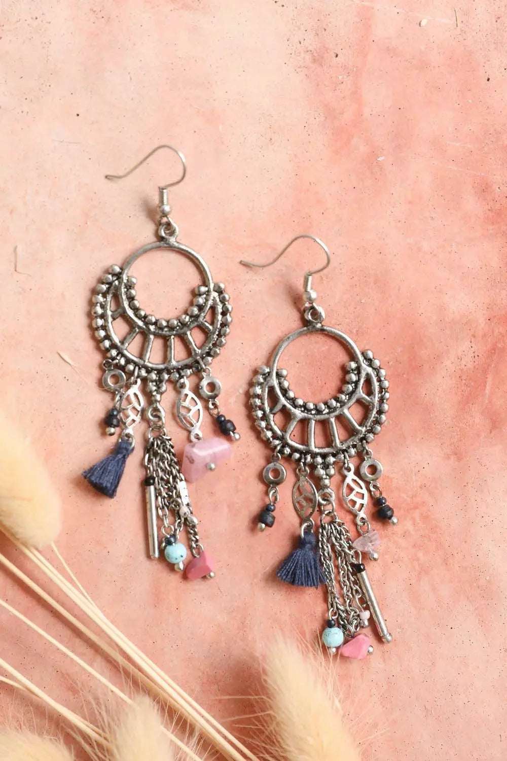 Dangling Rose Quartz & Fringe Earrings - Boho Clothing and Accessories - Flyclothing LLC