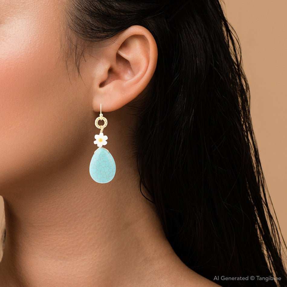 Dani Blue Turquoise Magnesite Flower Golden Drop Earrings - Barse Jewelry - Flyclothing LLC