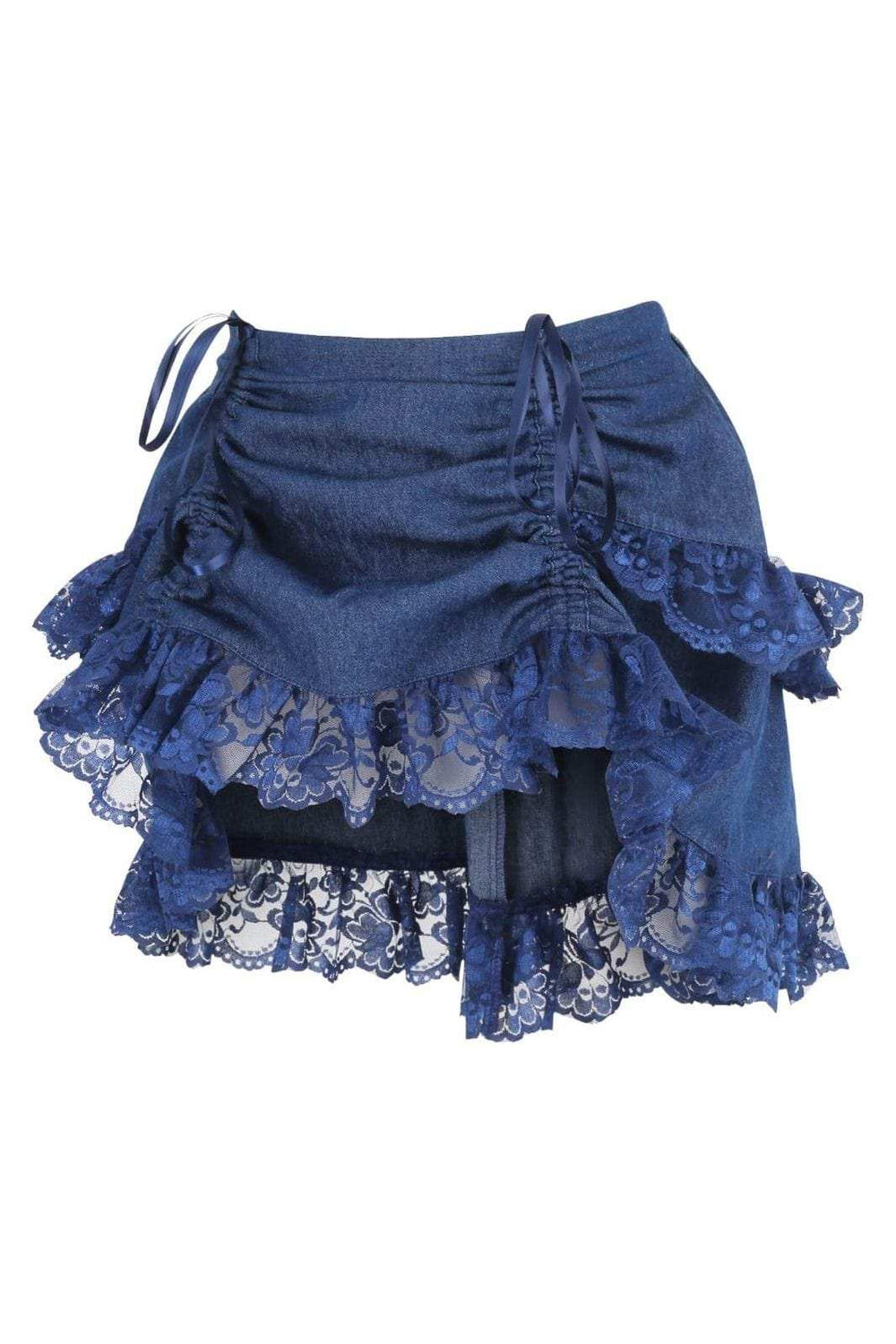 Daisy Corsets Dark Blue Denim Ruched Bustle Skirt w/Lace - Daisy Corsets - Flyclothing LLC