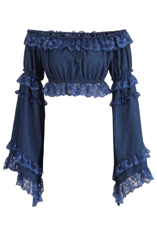 Daisy Corsets Dark Blue Denim Smocked Flare Sleeve Peasant Top