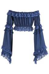 Daisy Corsets Dark Blue Denim Smocked Flare Sleeve Peasant Top