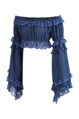 Daisy Corsets Dark Blue Denim Smocked Flare Sleeve Peasant Top