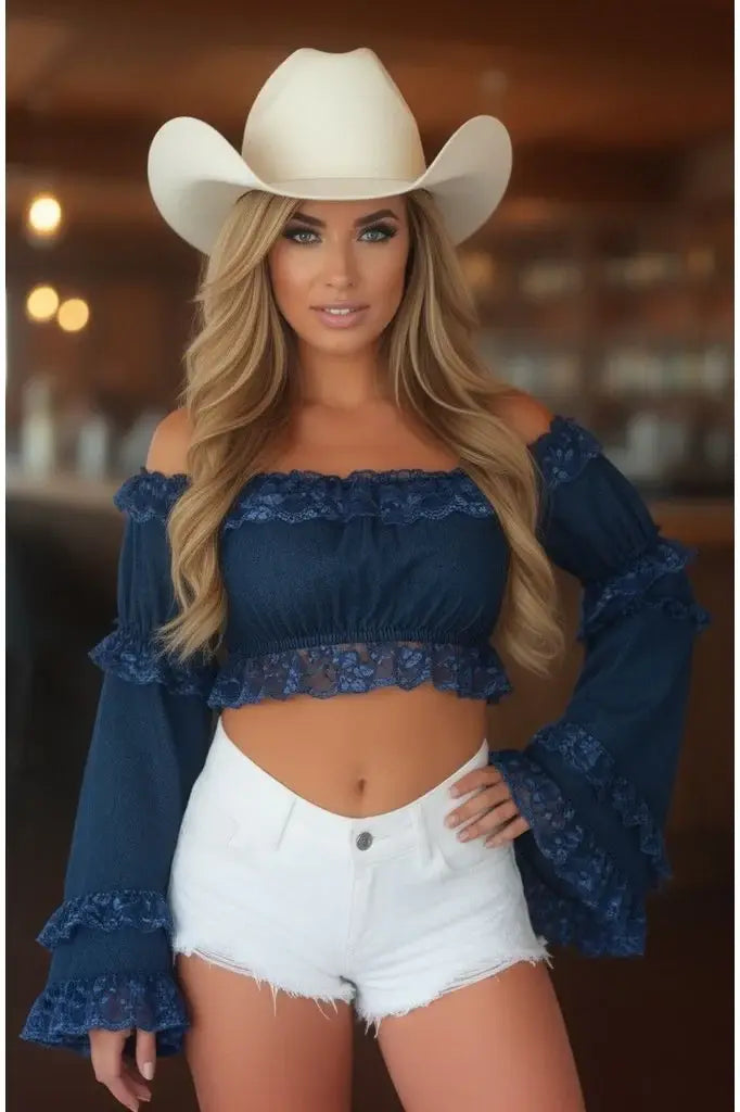 Dark Blue Denim Smocked Flare Sleeve Peasant Top - Daisy Corsets - Flyclothing LLC