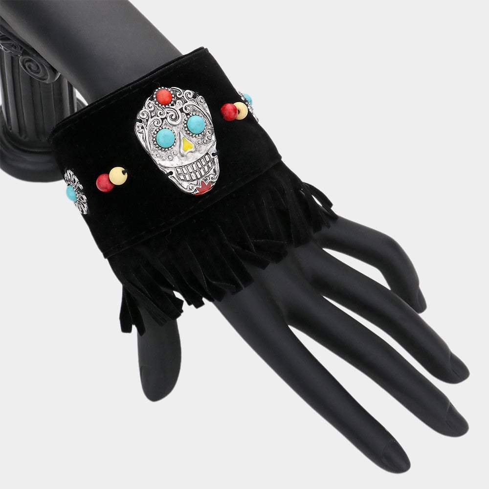 Day of the Dead Mexican Sugar Skull Faux Suede Fringe Bracelet - Madeline Love - Flyclothing LLC