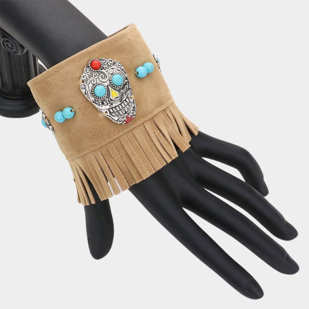 Day of the Dead Mexican Sugar Skull Faux Suede Fringe Bracelet - Madeline Love - Flyclothing LLC