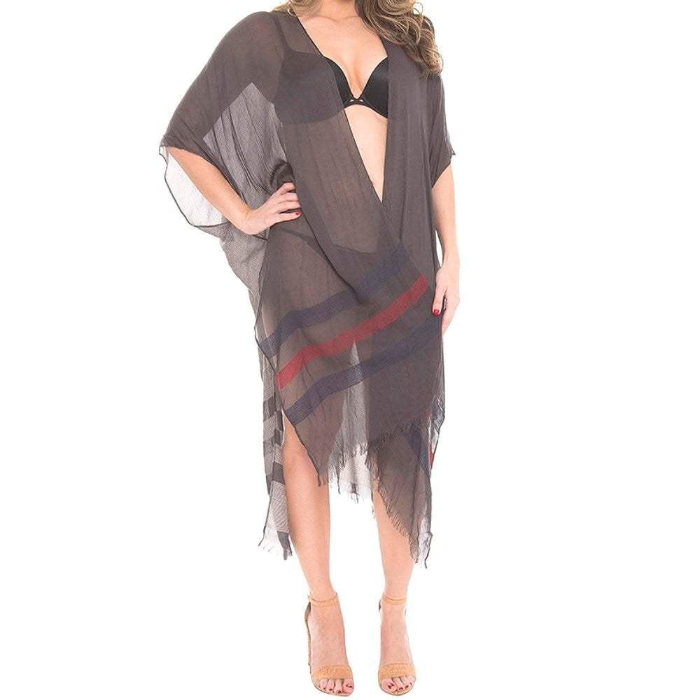 Dayna Two Tone Line Long Cover-up Cardigan Poncho Kimono - Madeline Love - Flyclothing LLC