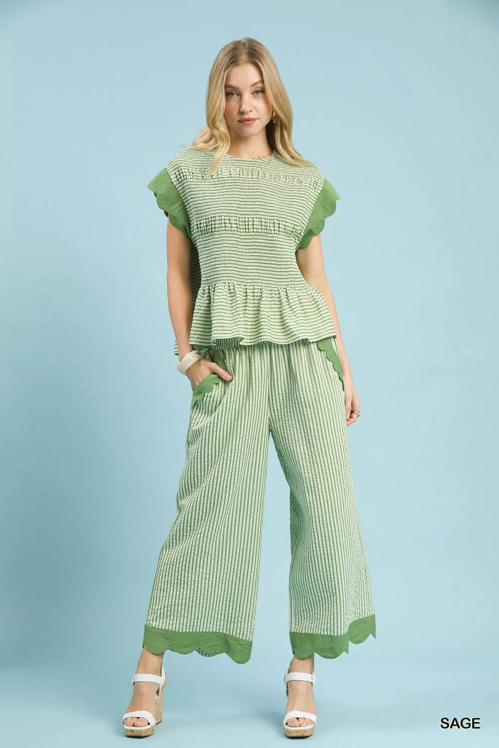 Umgee Stripe Scallop Hem Wide Leg Pants - Trendsi - Flyclothing LLC