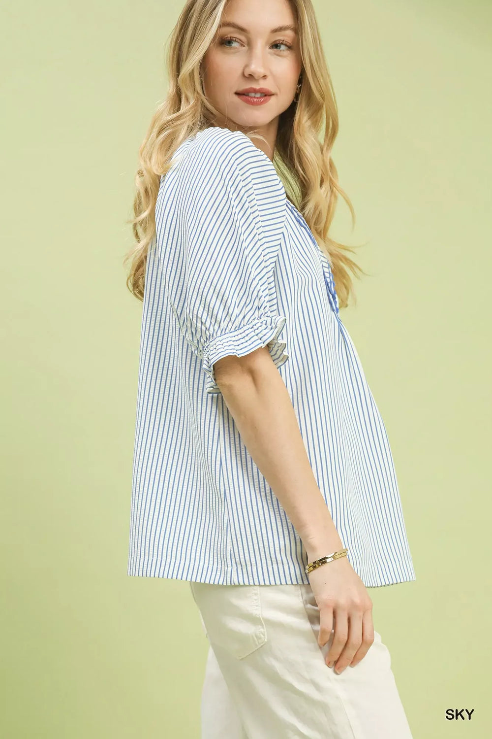 Umgee Stripe V-Neck Blouse - Trendsi - Flyclothing LLC