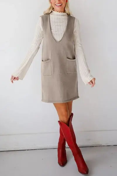 Lovelet Pocketed V-Neck Mini Sweater Overall Dress - Trendsi - Flyclothing LLC