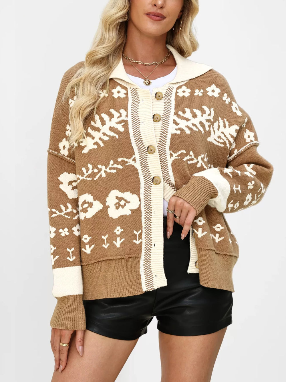 Floral Pattern Button-Down Cardigan - Trendsi - Flyclothing LLC