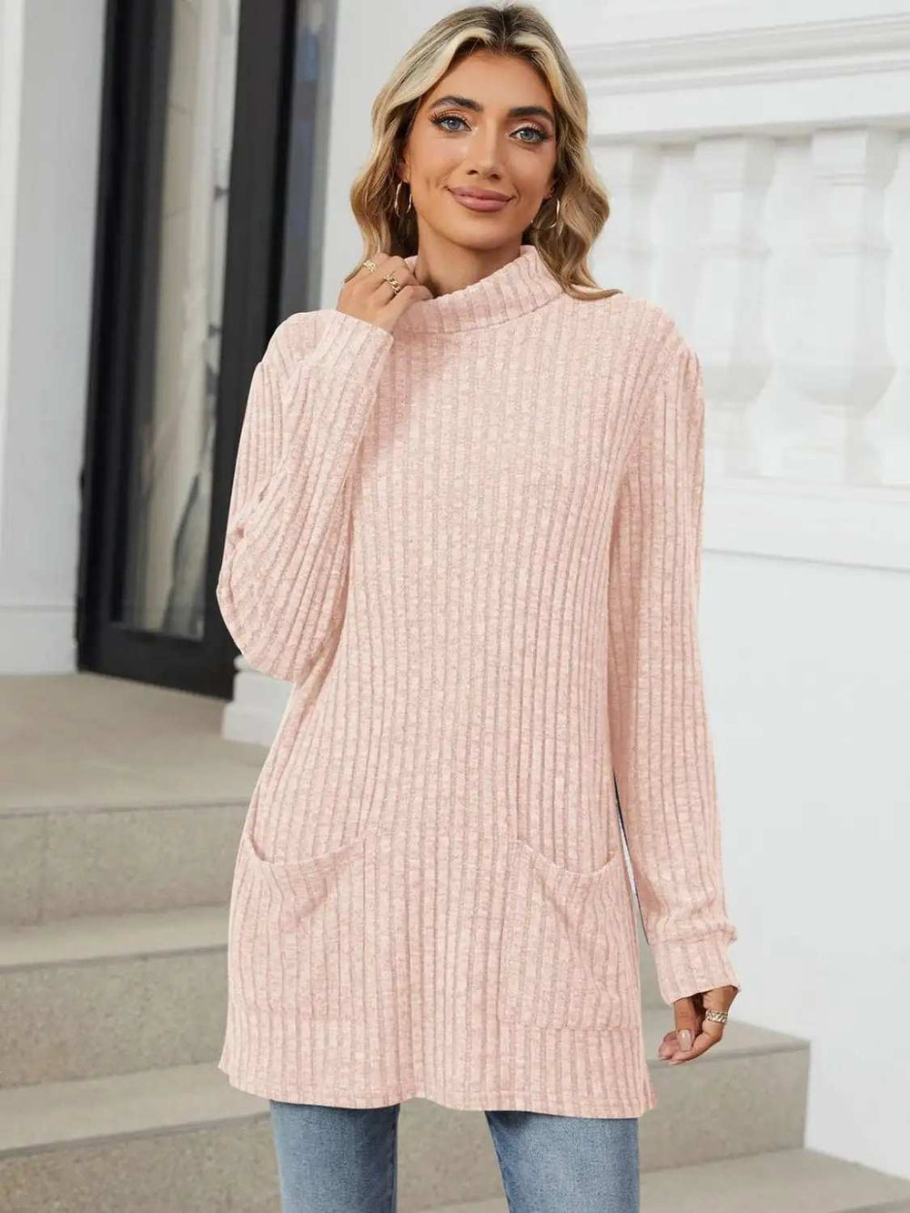 Ribbed Mock Neck Long Sleeve T-Shirt - Trendsi - Flyclothing LLC