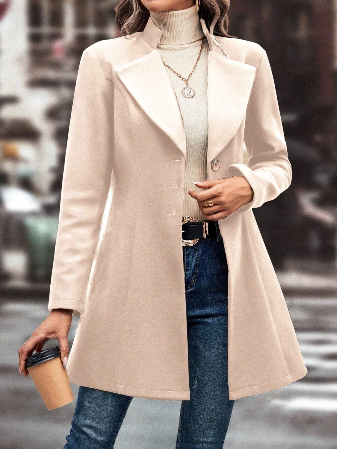 Collared Neck Long Sleeve Longline Coat - Trendsi