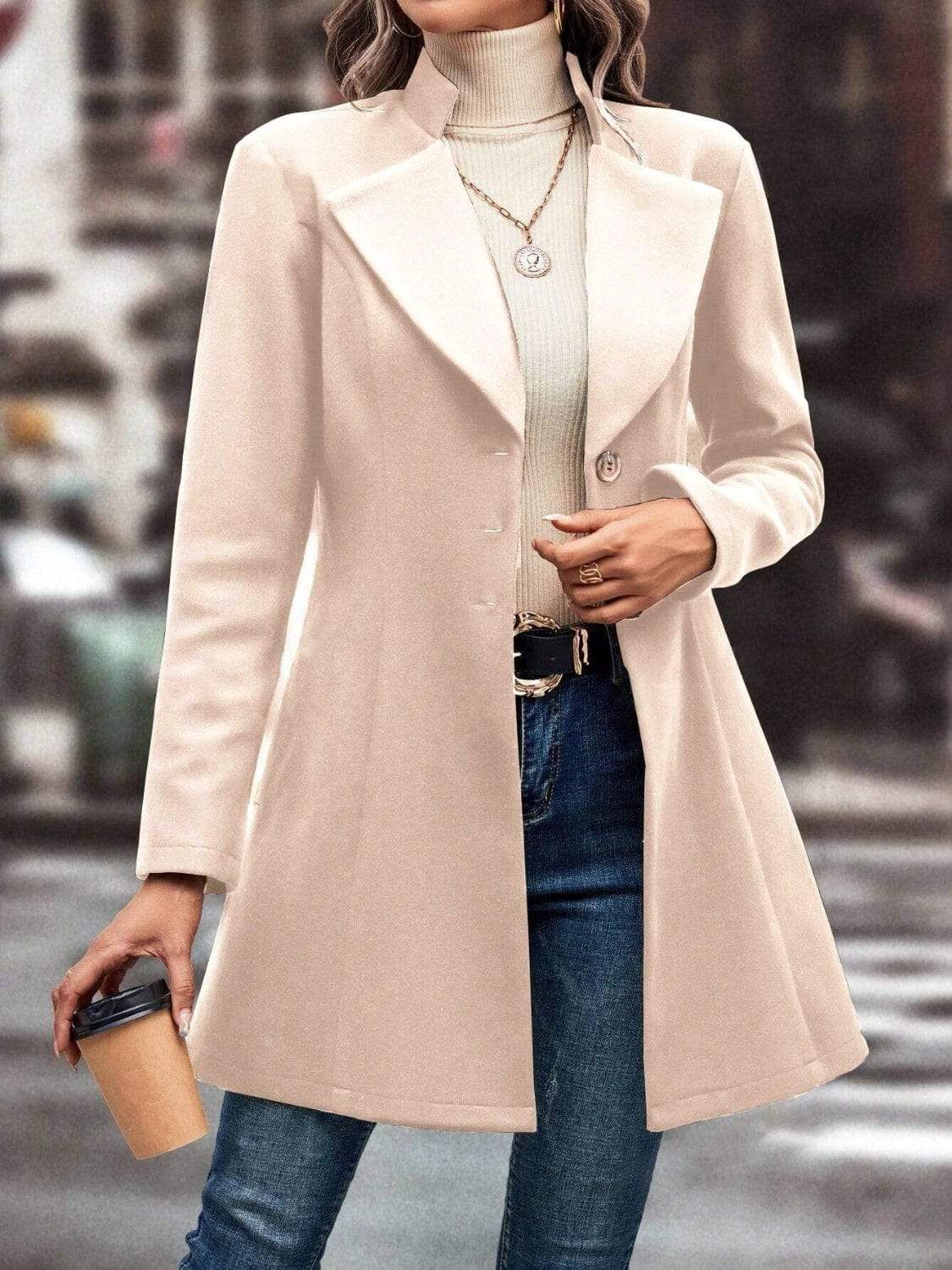 Collared Neck Long Sleeve Longline Coat - Trendsi - Flyclothing LLC