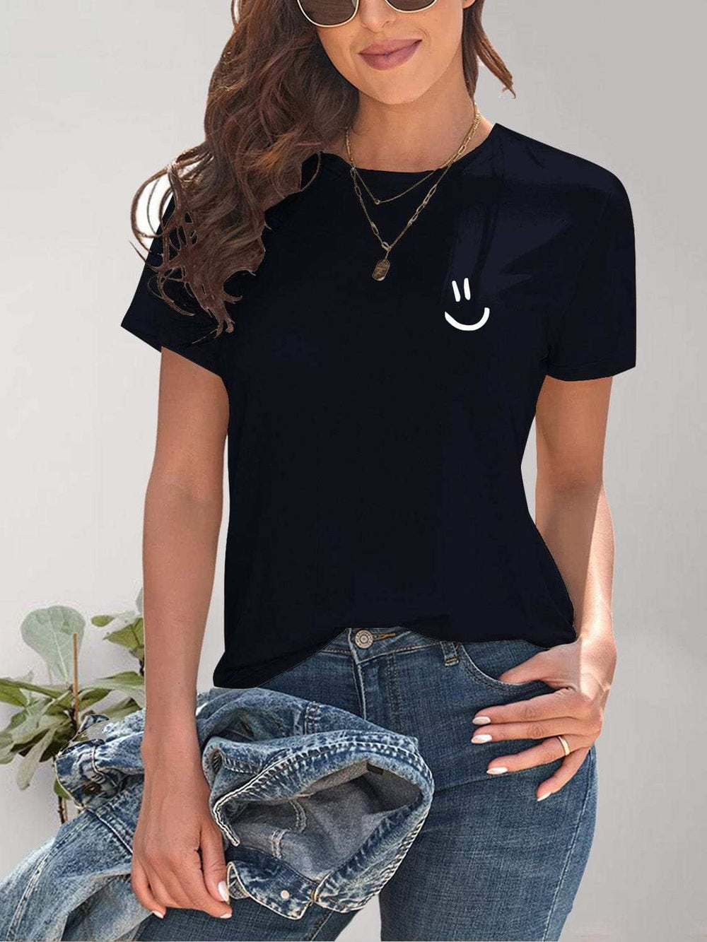 Smile Graphic Round Neck Short Sleeve T-Shirt - Trendsi - Flyclothing LLC