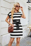 Tied Contrast Striped Short Sleeve Mini Tee Dress - Trendsi - Flyclothing LLC