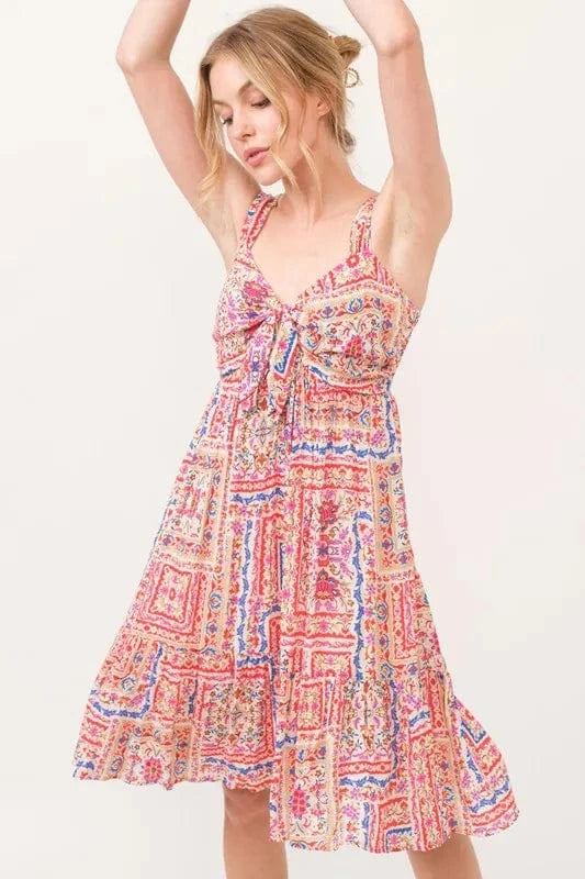 And The Why Tied Front Smocked Back Tiered Boho Printed Dress - Trendsi