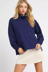 Umgee Turtle Neck Dolman Sleeve Side Slit Sweater with Contrast Detail - Trendsi - Flyclothing LLC