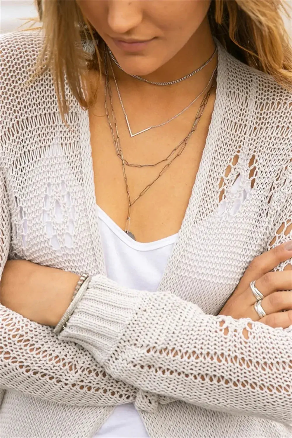 Openwork Side Slit Open Front Long Sleeve Cardigan - Trendsi - Flyclothing LLC