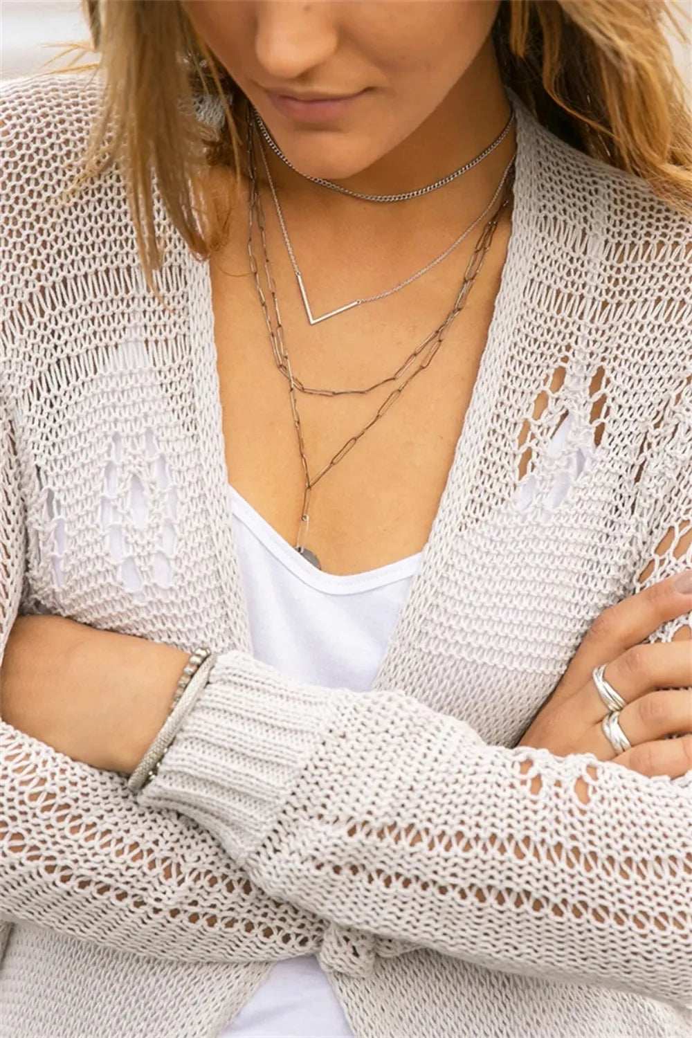 Openwork Side Slit Open Front Long Sleeve Cardigan - Trendsi - Flyclothing LLC