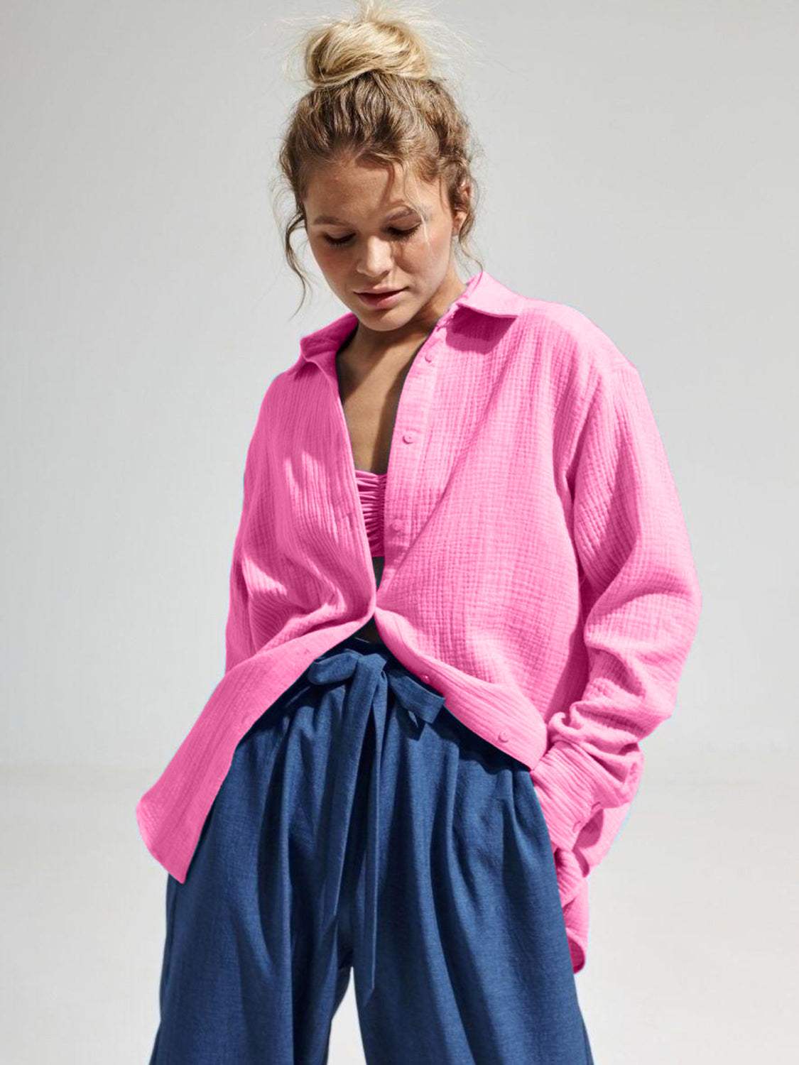 Textured Collared Neck Long Sleeve Shirt - Trendsi - Flyclothing LLC