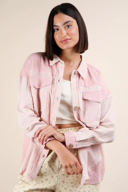 VERY J Mineral Washed Oversized Gauze Shacket - Trendsi - Flyclothing LLC