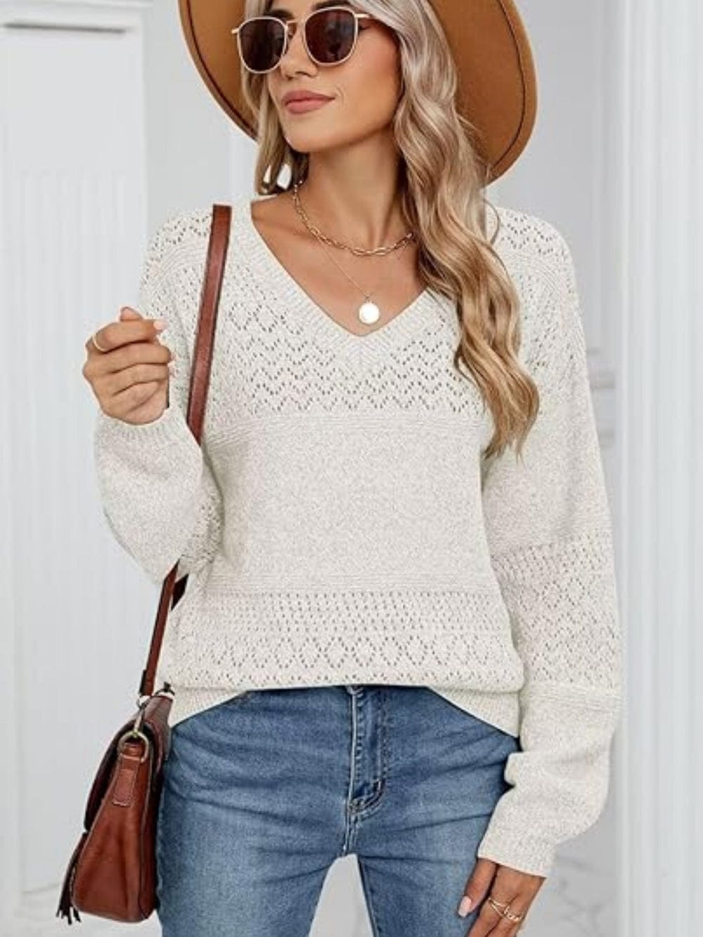 Eyelet V-Neck Long Sleeve Sweater - Trendsi