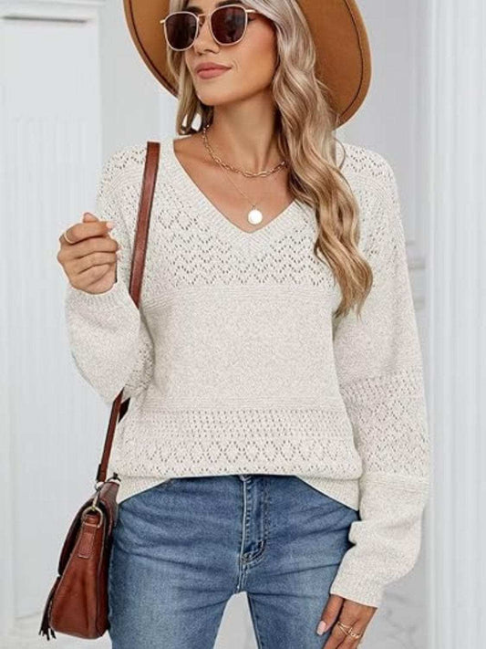 Eyelet V-Neck Long Sleeve Sweater - Trendsi - Flyclothing LLC