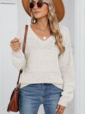 Eyelet V-Neck Long Sleeve Sweater - Trendsi