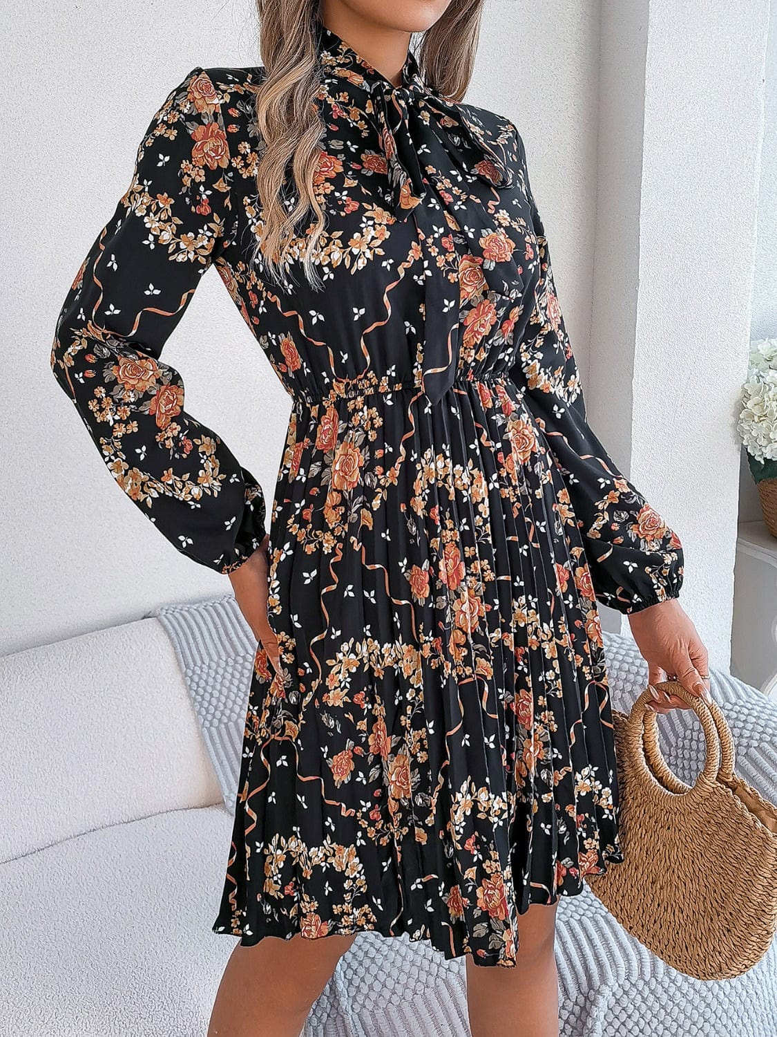 Pleated Printed Tie Neck Long Sleeve Dress - Trendsi