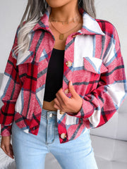 Plaid Collared Neck Long Sleeve Jacket - Trendsi