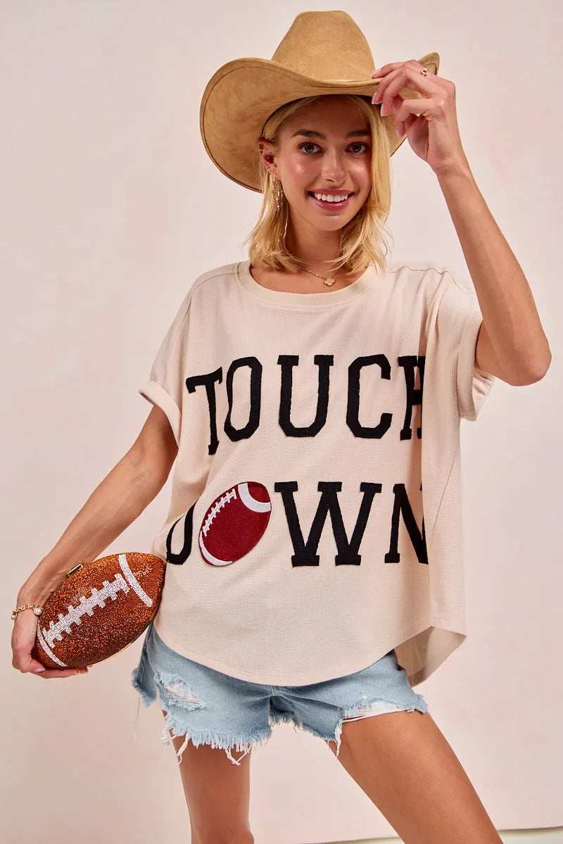 BiBi Game Day Touchdown Letter Patches Waffle Short Top - Trendsi - Flyclothing LLC