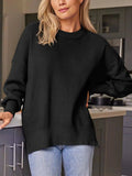 Slit Round Neck Dropped Shoulder Sweater - Trendsi - Flyclothing LLC